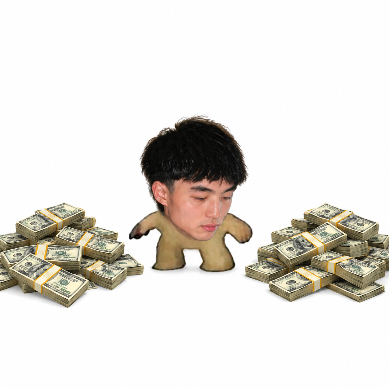 Mini Kimchi between two separate piles of cash